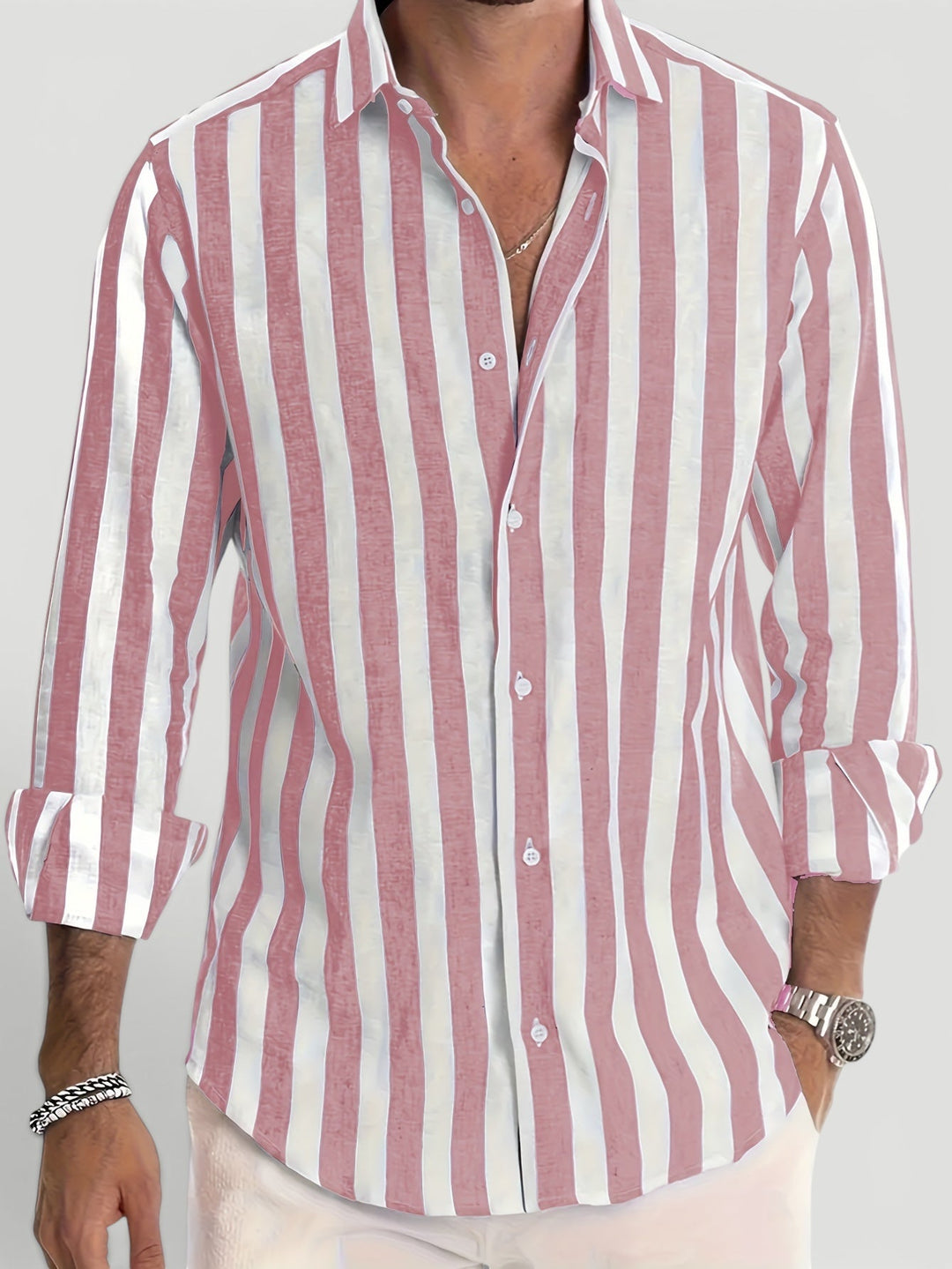 Stylish men's striped long sleeve shirt, perfect for summer beach days, casual outings, or resort fashion.