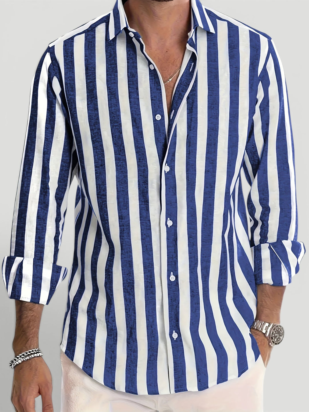 Men's classic striped button-up summer shirt. Breathable, long sleeve, versatile for resort & casual wear.