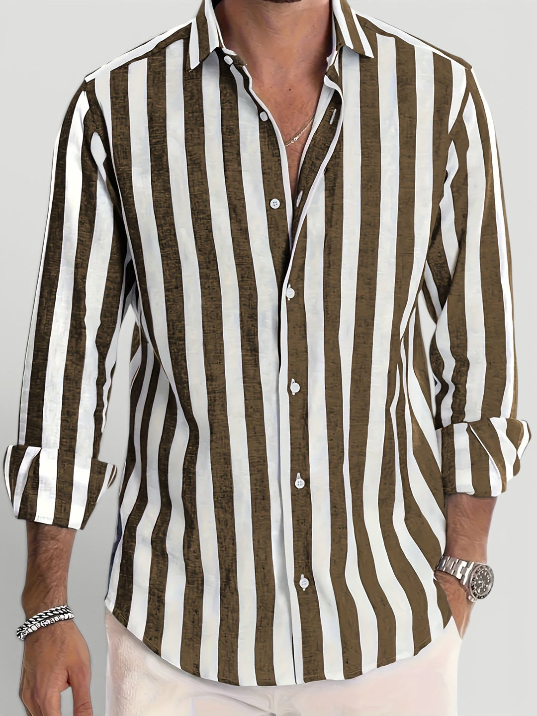 Elegant men's striped button-up shirt. Breathable long sleeve design, perfect for sophisticated summer fashion.