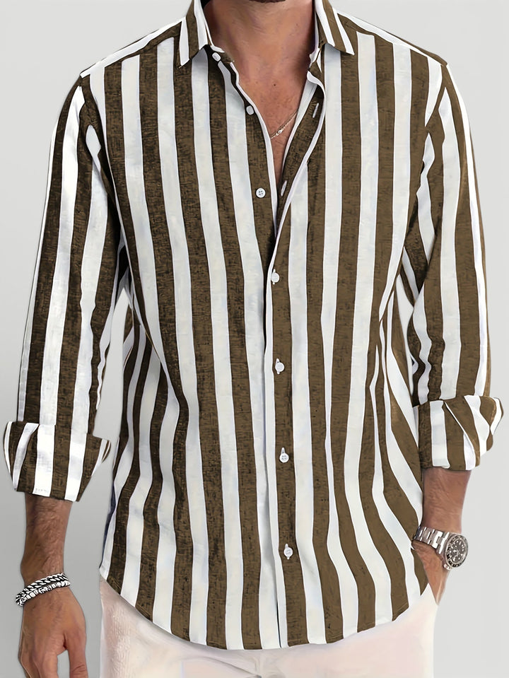 Elegant men's striped button-up shirt. Breathable long sleeve design, perfect for sophisticated summer fashion.