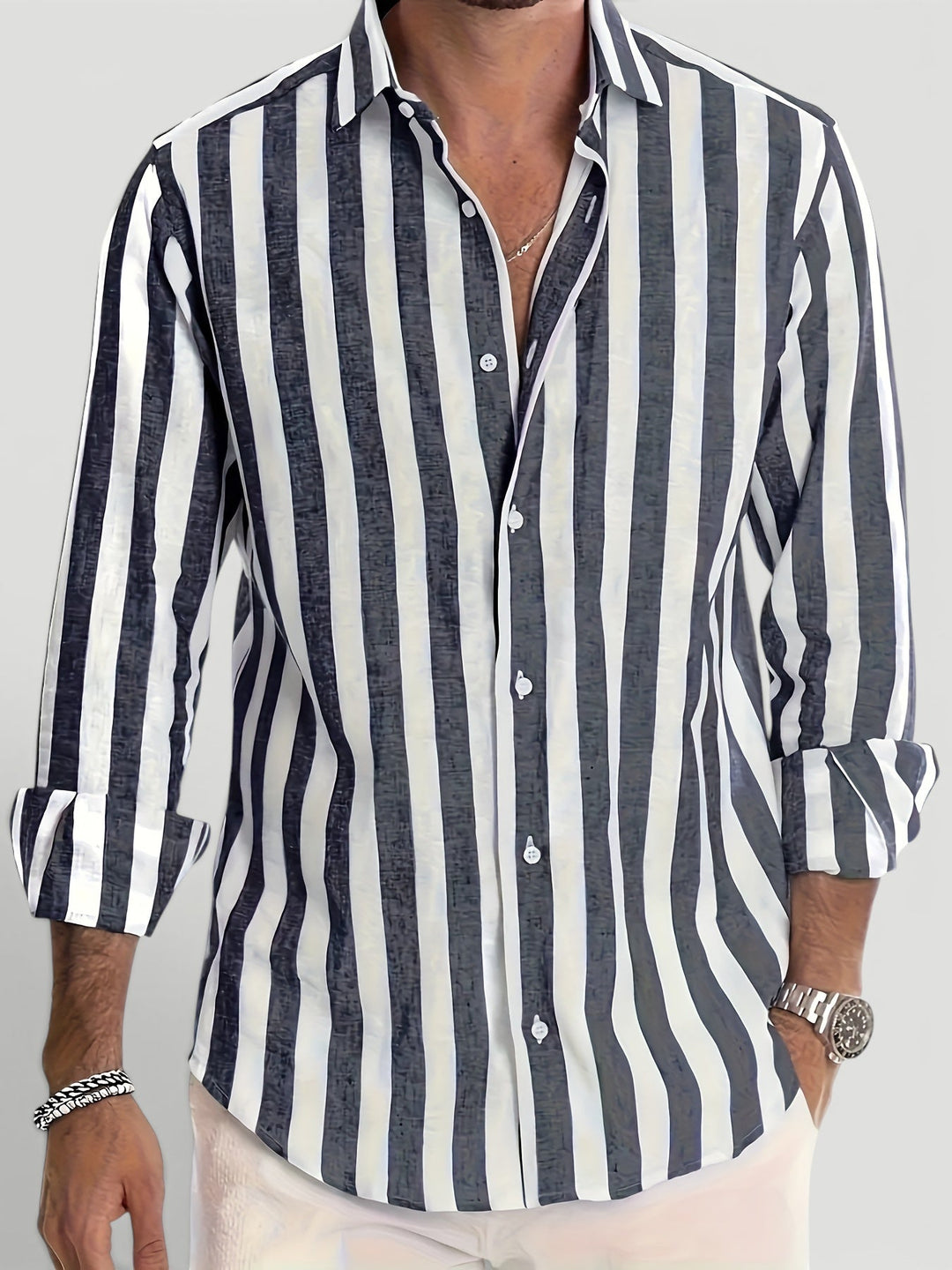 Fine striped men's summer shirt. Breathable, button-up, long sleeve for stylish casual & resort wear.
