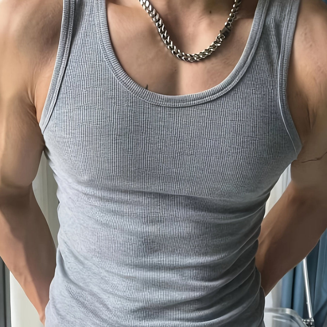 Close-up of the ultra-comfortable, breathable fabric of the men's athletic summer tank top. Lightweight material.