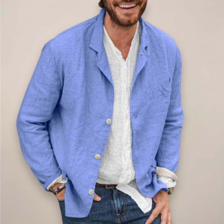 Men's relaxed fit casual summer blazer, styled for a versatile smart casual look. Breathable lightweight outerwear.