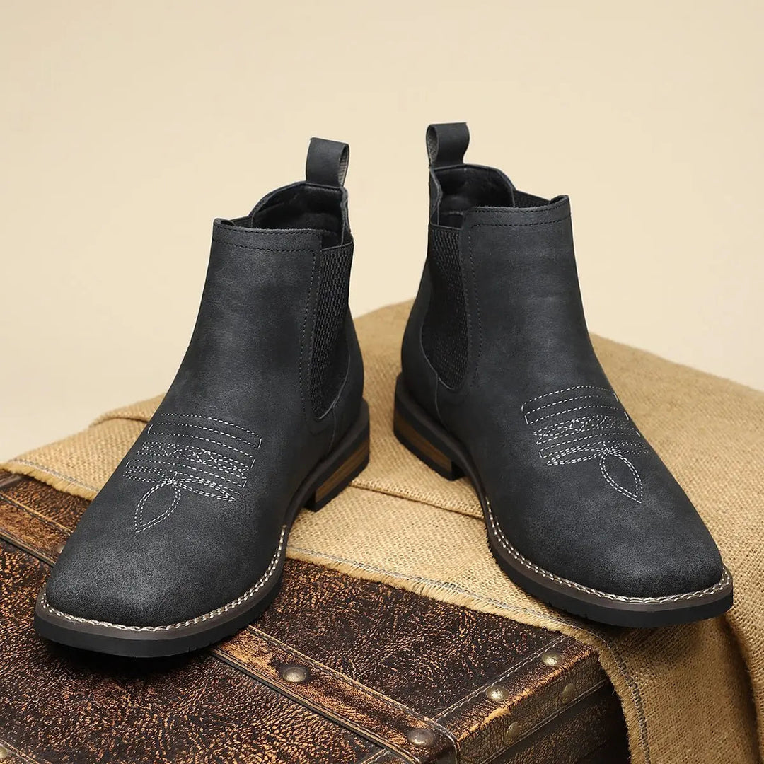 Everyday men's smart casual Chelsea boots, tan leather slip-on style with comfortable block heel & western stitch.