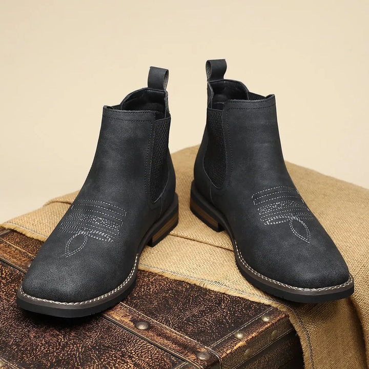 Everyday men's smart casual Chelsea boots, tan leather slip-on style with comfortable block heel & western stitch.