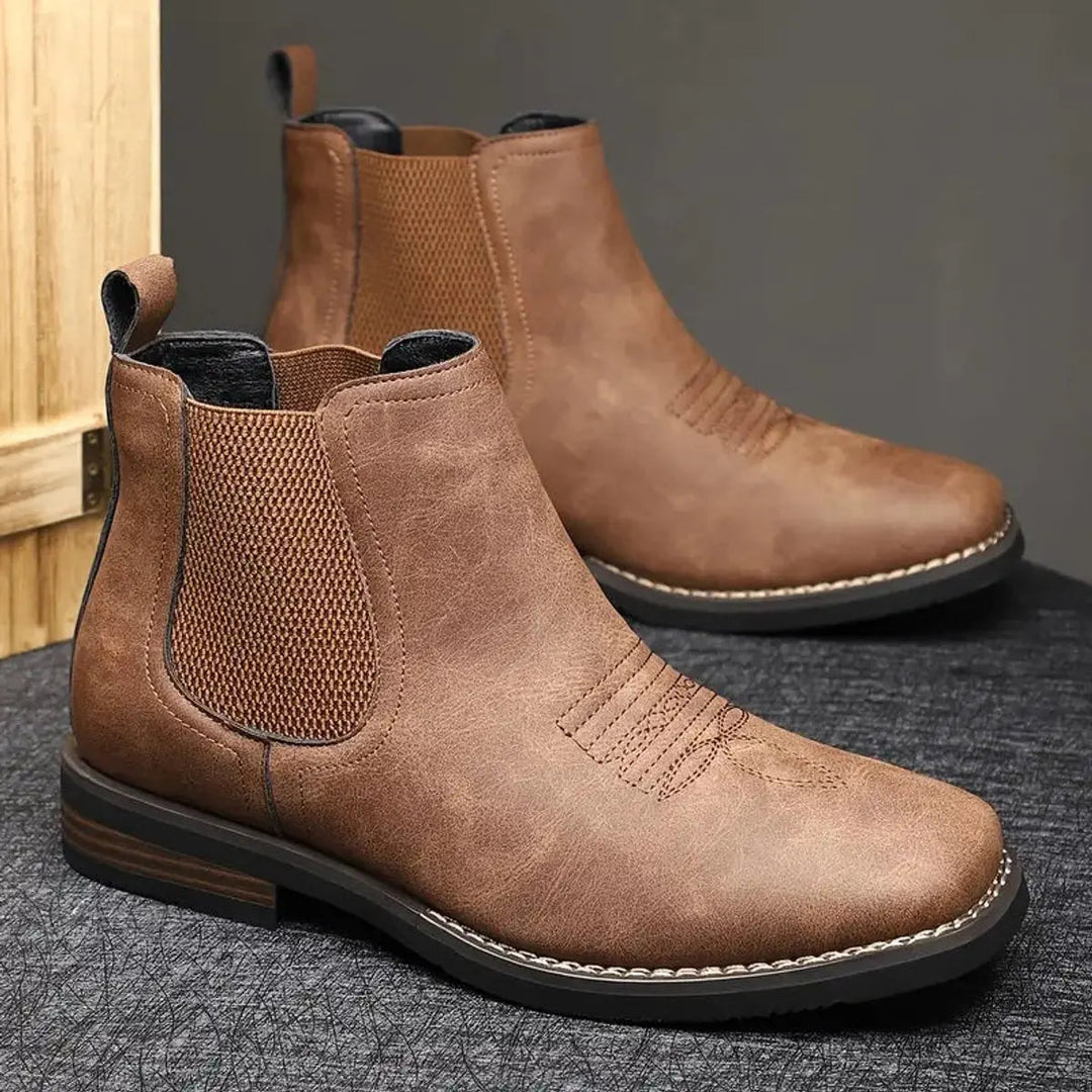 Easy pull-on men's dark brown Chelsea boots, ideal everyday ankle boots featuring western stitch detail.