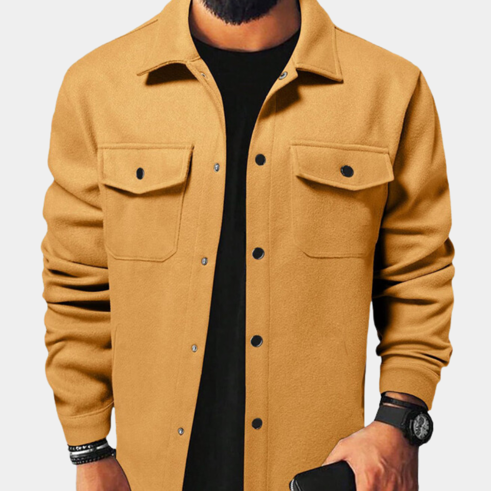 Back view: Men's regular fit button-down casual outerwear. Perfect versatile long-sleeve jacket for smart casual autumn.