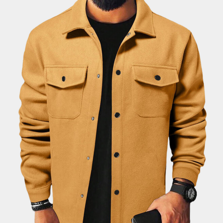 Back view: Men's regular fit button-down casual outerwear. Perfect versatile long-sleeve jacket for smart casual autumn.