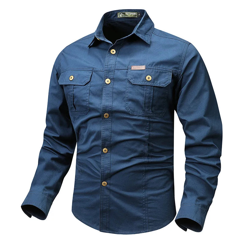 Versatile men's long-sleeve Oxford shirt with chest pockets, suitable for smart casual and office wear.