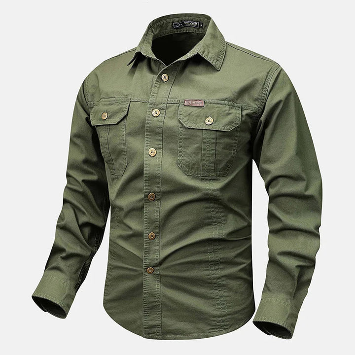 Crisp men's collared Oxford shirt, button-front, long sleeves, dual chest pockets for a modern look.