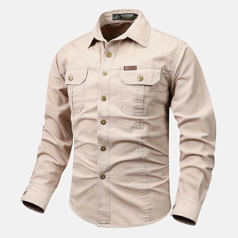 Modern men's fashion long-sleeve Oxford shirt, button-front, chest pockets, perfect for smart casual.