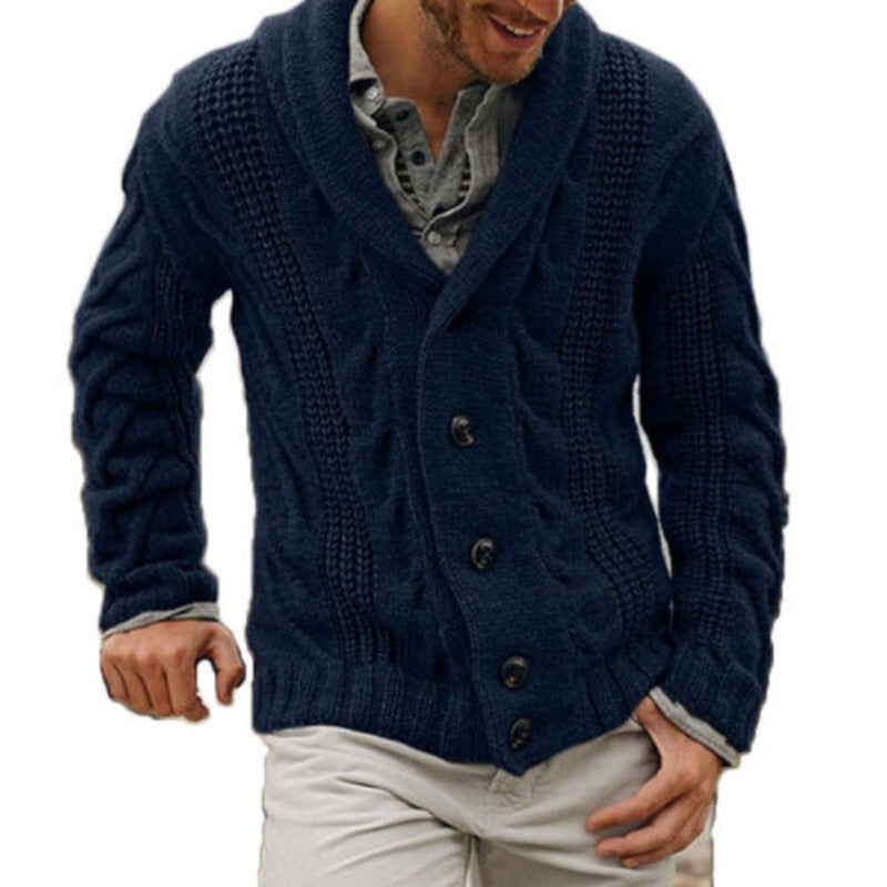 Men's button up knitted cardigan, a warm and versatile layering piece for fall and winter fashion.