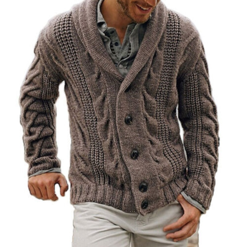 Stylish men's knitted button up cardigan, perfect for casual wear & timeless fall fashion comfort.