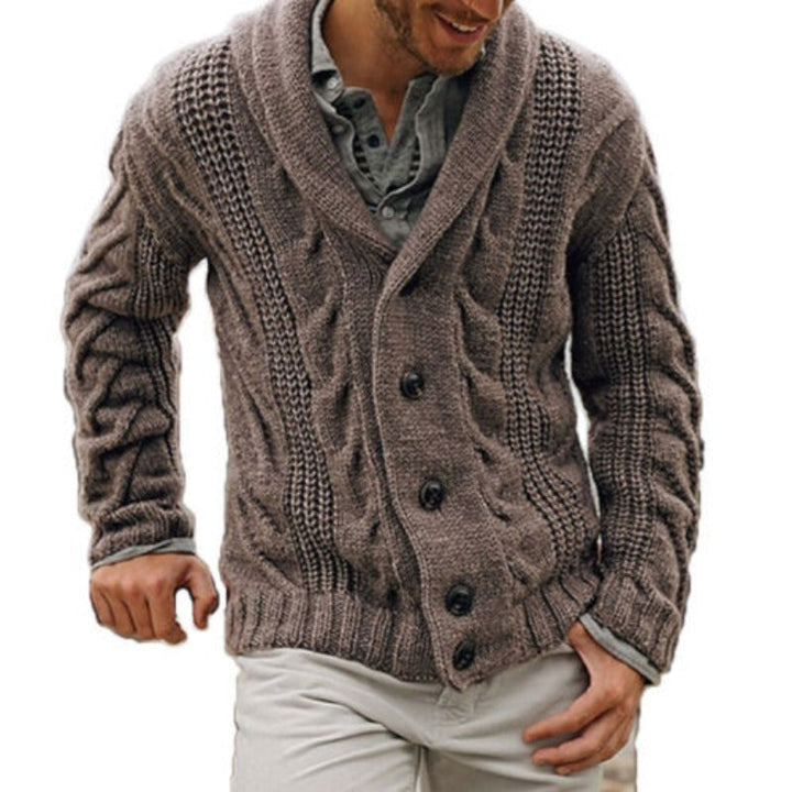 Stylish men's knitted button up cardigan, perfect for casual wear & timeless fall fashion comfort.