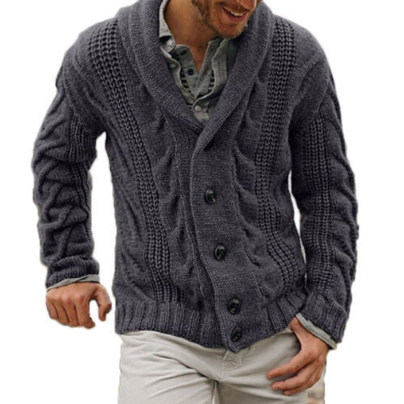 Soft knitted button up men's cardigan, an essential versatile layer for winter and fall fashion.