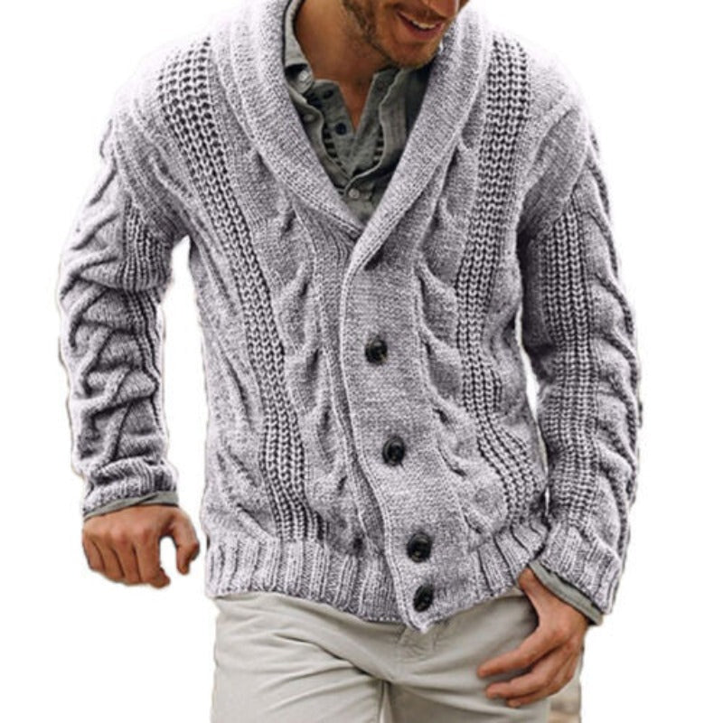 Comfortable men's button up knitted cardigan, a versatile addition to any casual or layered menswear outfit.