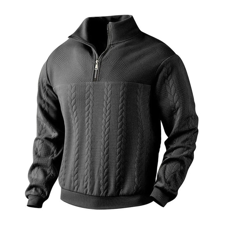 Elegant men's cable-knit quarter-zip pullover sweater. Versatile knitwear for layering & men's fashion.
