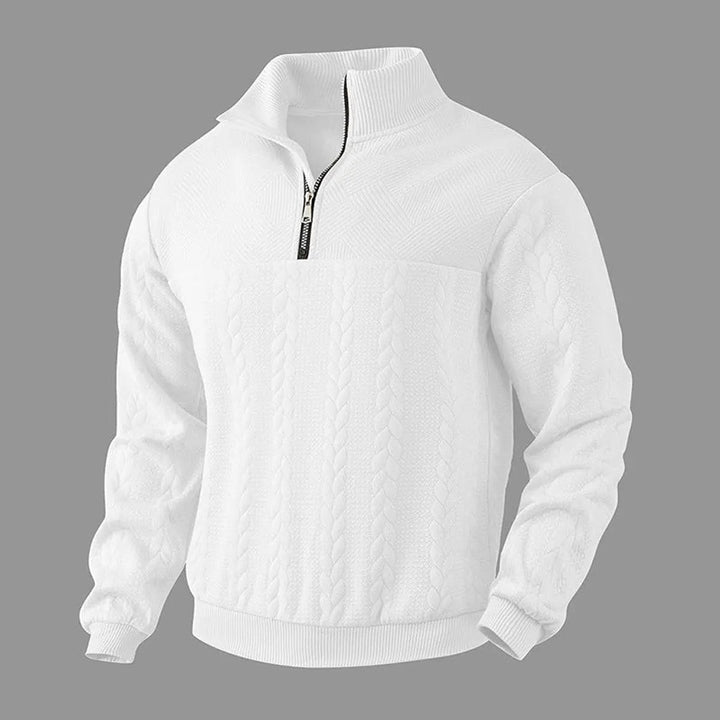 Essential men's cable-knit quarter-zip pullover. Durable knitwear for layering in men's winter fashion.