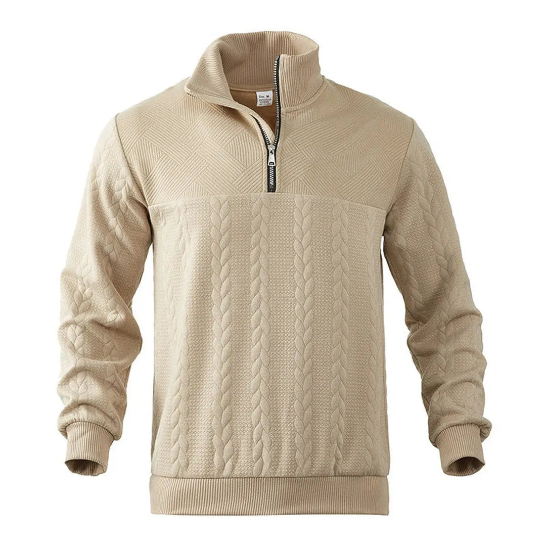 Warm men's cable-knit quarter-zip pullover. Essential knitwear for cozy smart casual and winter outfits.