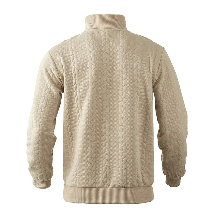 Premium men's knitwear: cable-knit quarter-zip pullover sweater. Ideal for layering in cold weather.