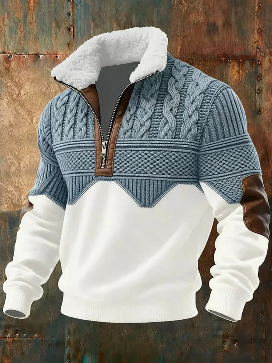 Men's cable knit quarter-zip pullover sweater with a cozy fleece collar, perfect for smart casual winter layering.