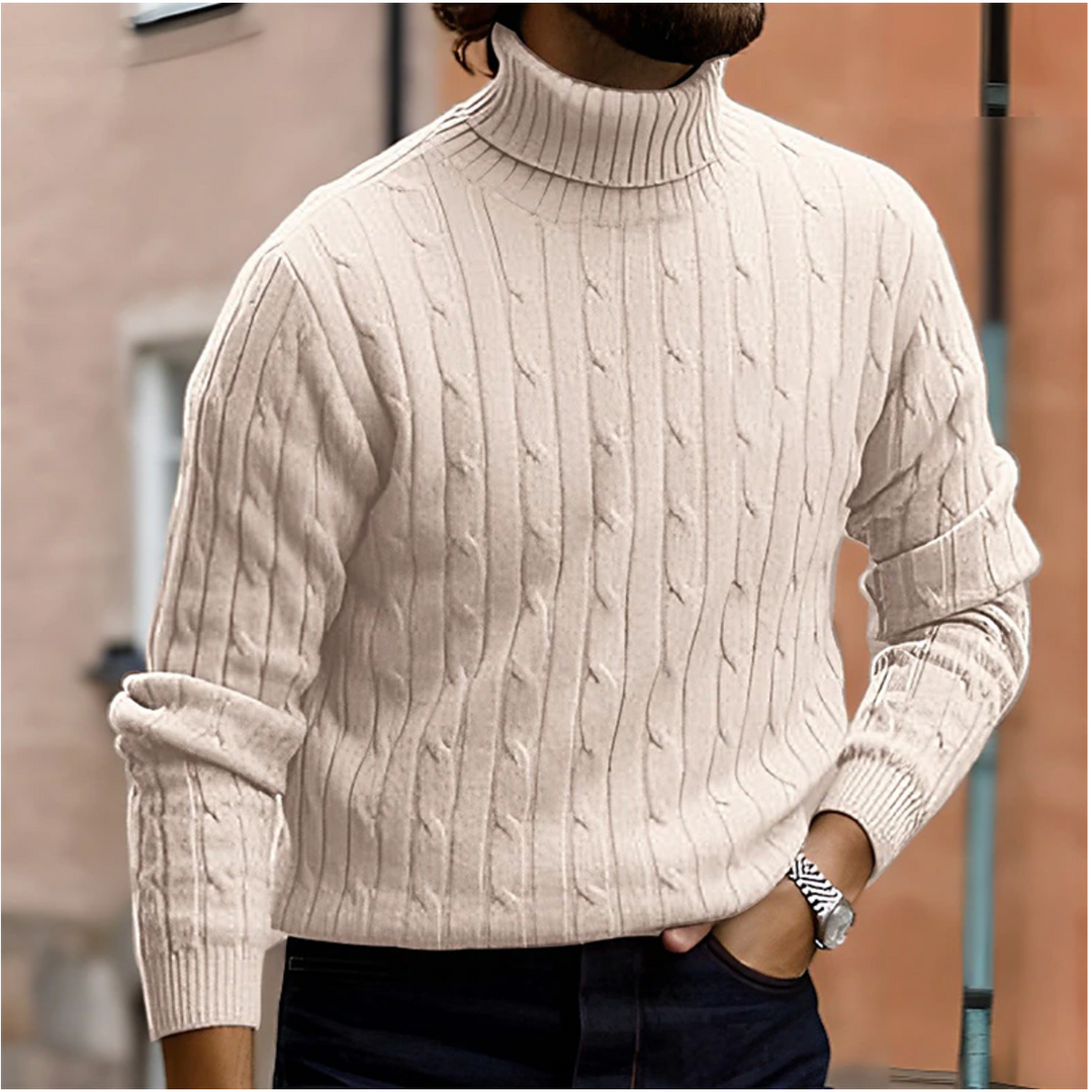 Men's cable knit turtleneck winter sweater, warm & stylish. Ideal for cold weather fashion.