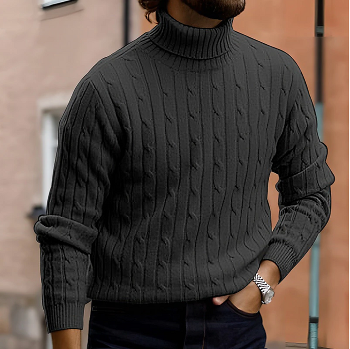 Stylish men's smart casual cable knit turtleneck sweater, perfect for winter & layering in cold weather.