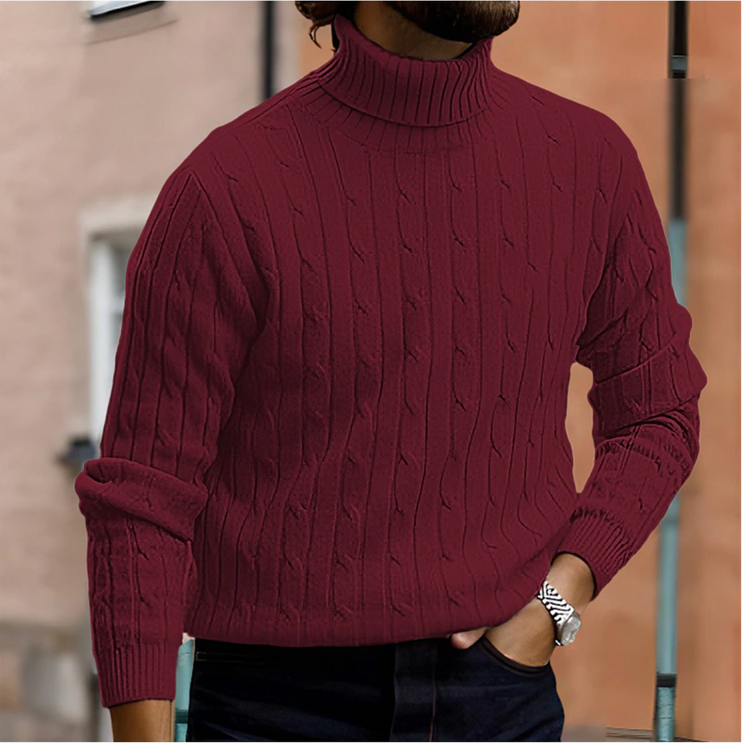 Classic men's turtleneck cable knit sweater, versatile for winter casual wear & smart casual layering.