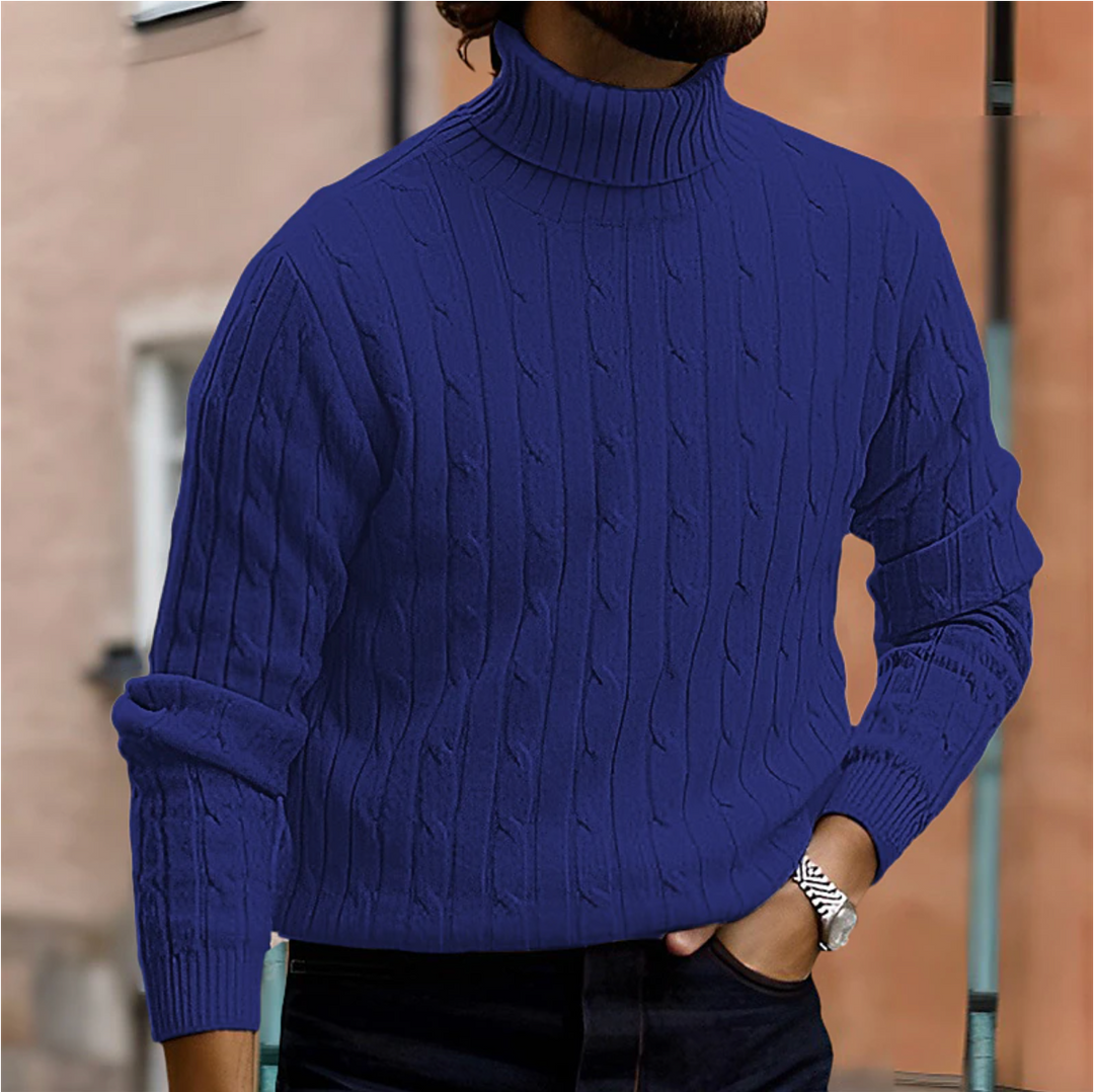 Comfortable men's fashion cable knit turtleneck sweater, providing warmth and style for cold weather.