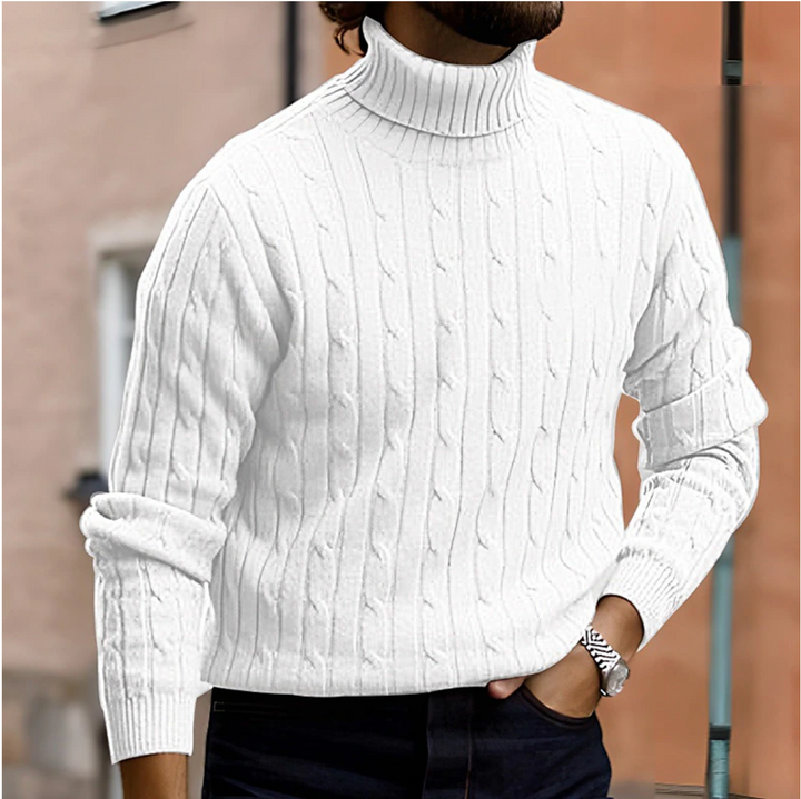 Detailed men's cable knit turtleneck sweater, a warm layering top and essential winter knitwear.