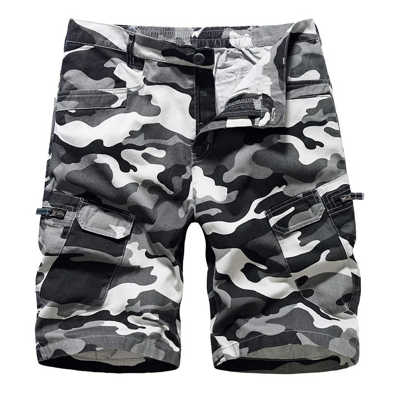 Men's camouflage cargo shorts with belt, multiple pockets for utility, perfect for outdoor summer wear.