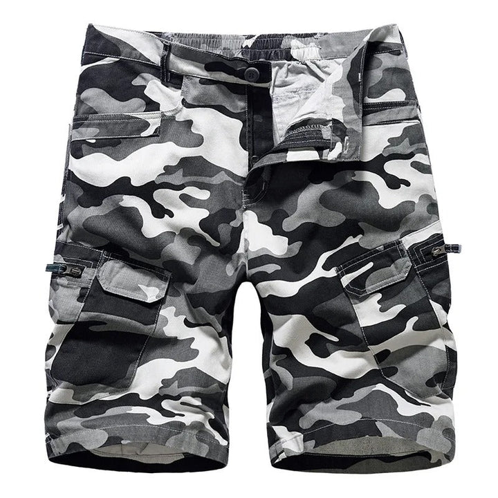 Men's camouflage cargo shorts with belt, multiple pockets for utility, perfect for outdoor summer wear.