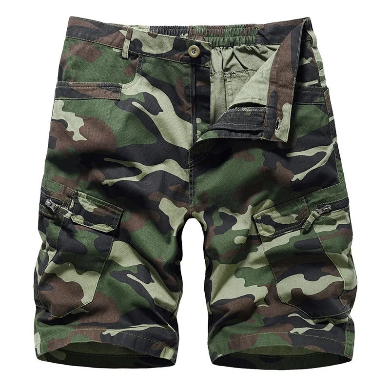 Close-up of men's camouflage belted cargo shorts, showing pocket details and durable fabric for utility wear.