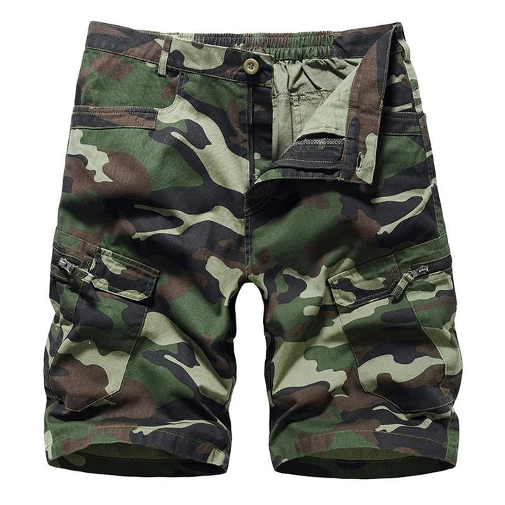 Close-up of men's camouflage belted cargo shorts, showing pocket details and durable fabric for utility wear.