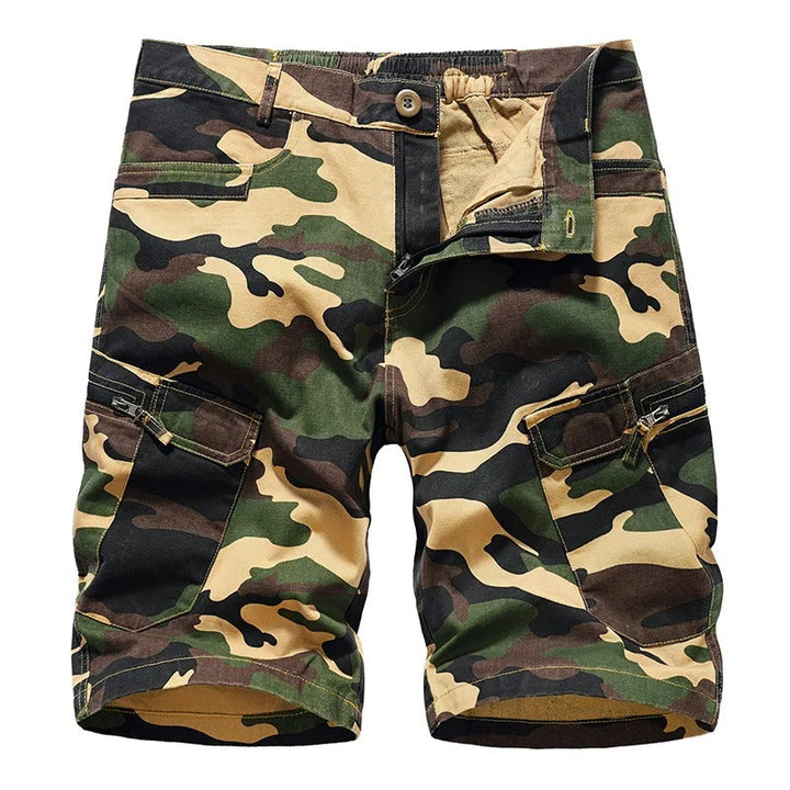 Stylish men's camouflage cargo shorts, belted for a secure fit, offering utility and a military-inspired summer look.
