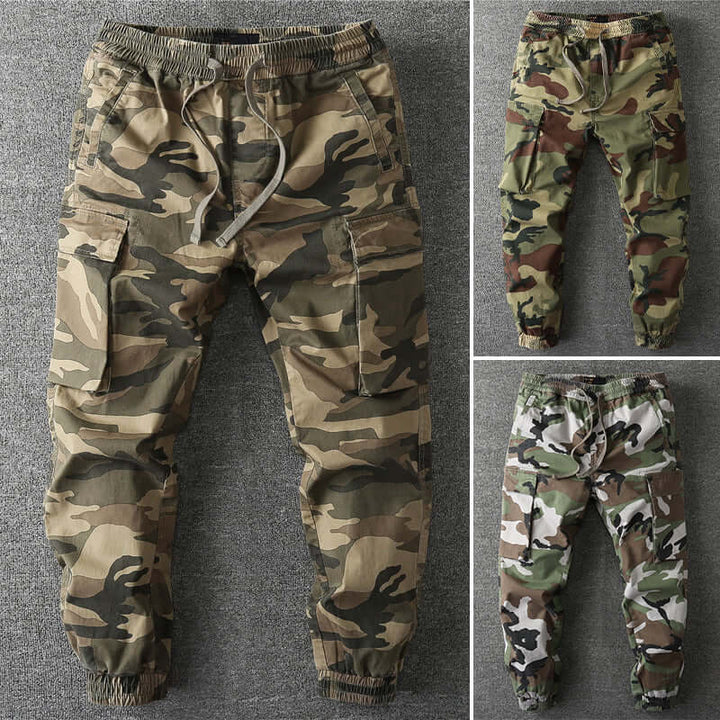 Adventurer men's military-style camouflage cargo trousers. Durable utility pants for outdoor adventures & casual comfort.