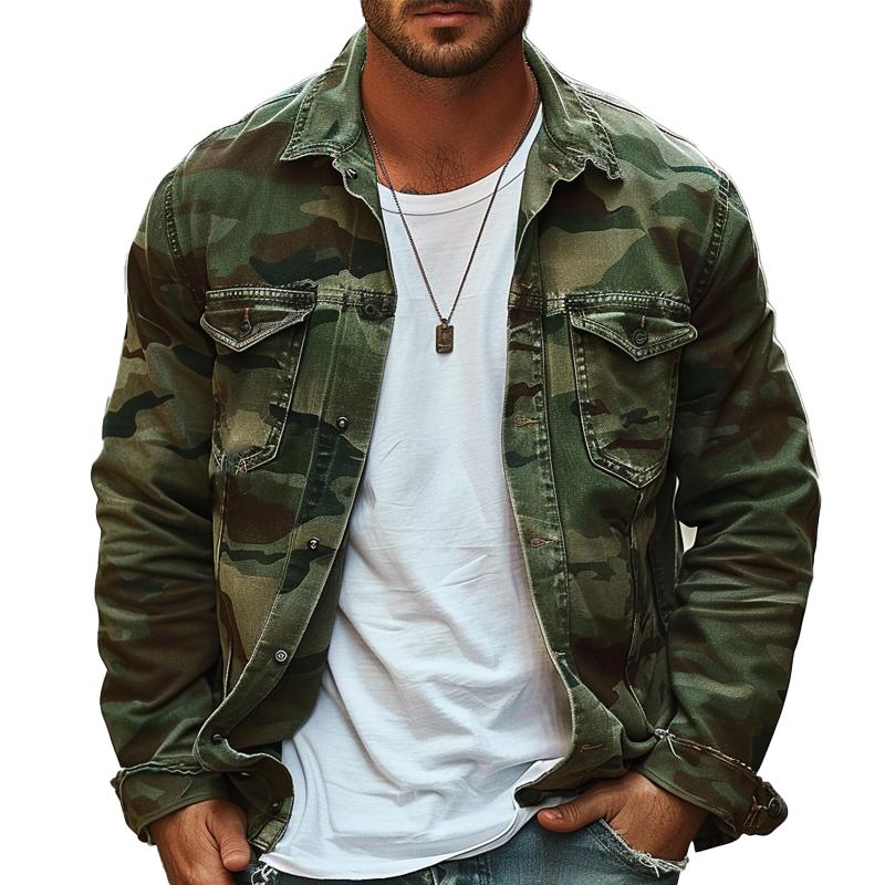 Men's camouflage retro lapel jacket. Durable military-style outerwear for casual fall fashion.