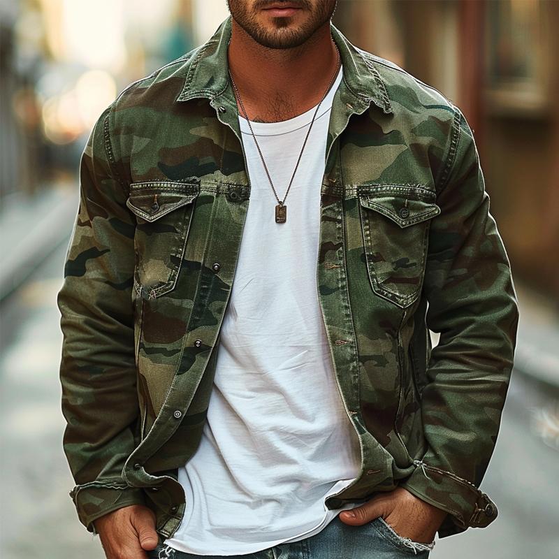 Stylish men's retro camouflage lapel jacket. Durable outerwear perfect for fall and casual wear.