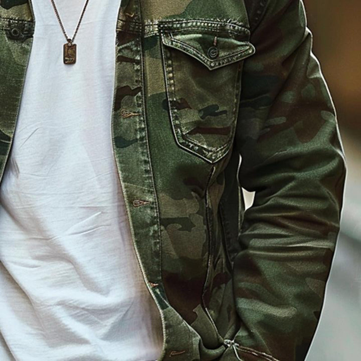 Close-up of men's durable camouflage lapel jacket, highlighting retro style. Ideal fall fashion outerwear.