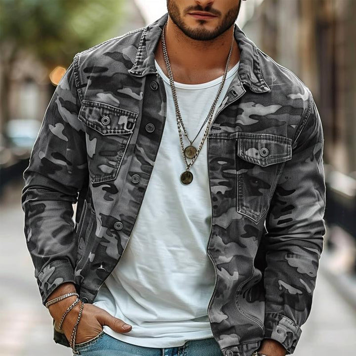 Men's durable camouflage jacket with a retro lapel design. Stylish military-style outerwear for fall.