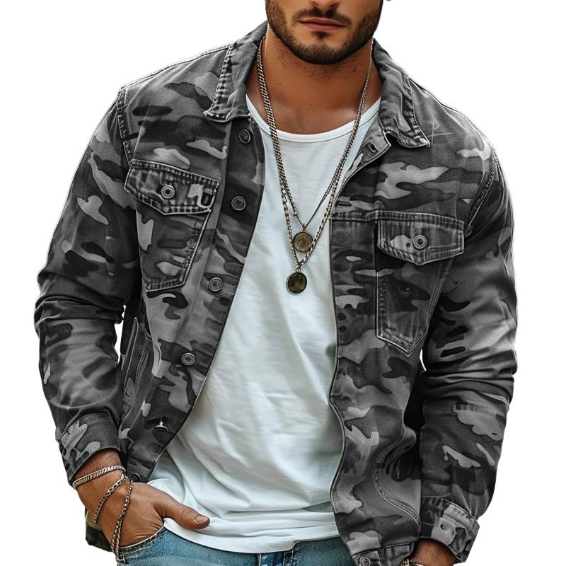 Man wearing a stylish, durable retro camouflage lapel jacket. Perfect casual fall outerwear.
