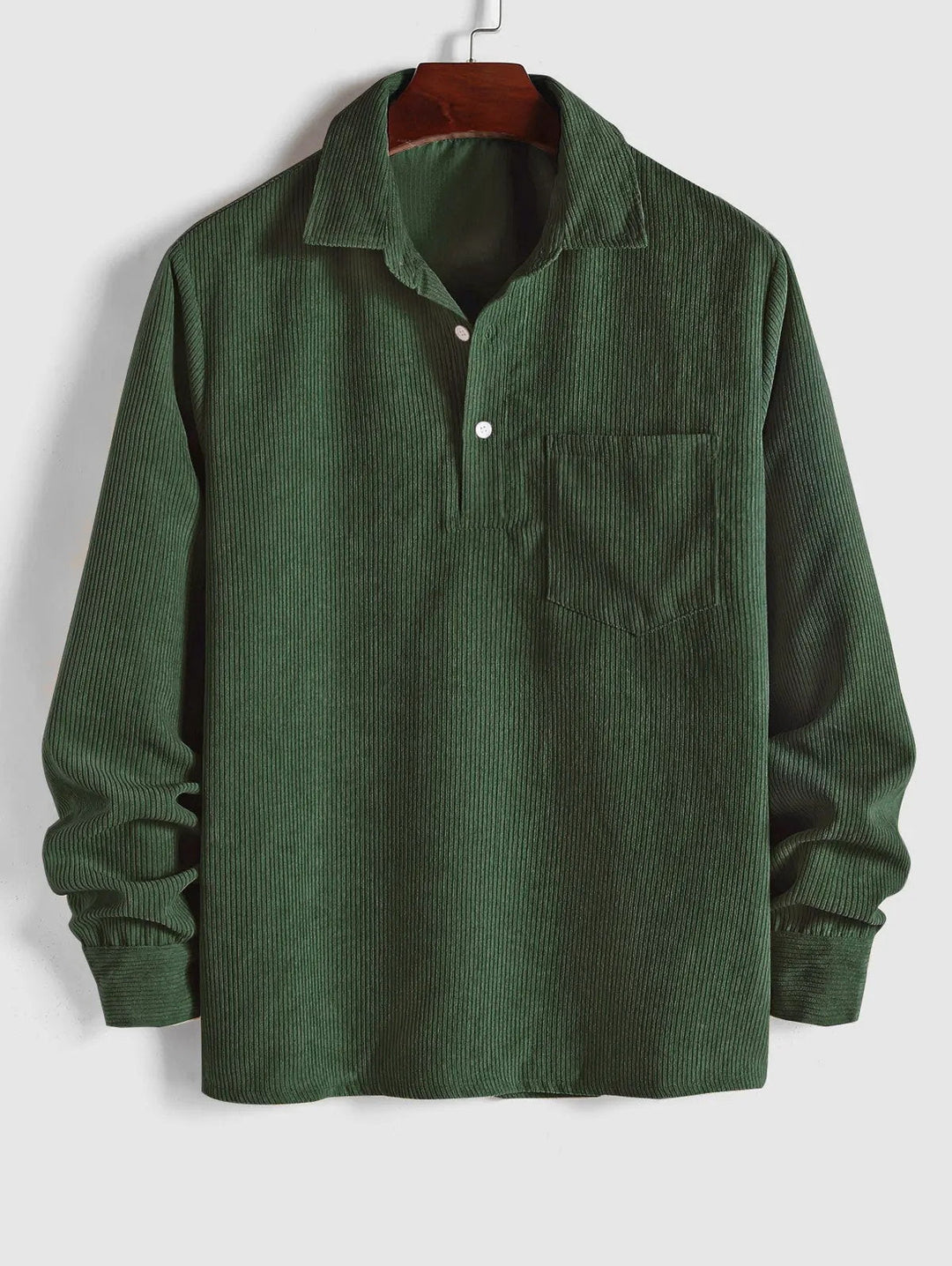 Detail shot of a men's camp collar long sleeve shirt, highlighting the collar, button-up front, and chest pocket.