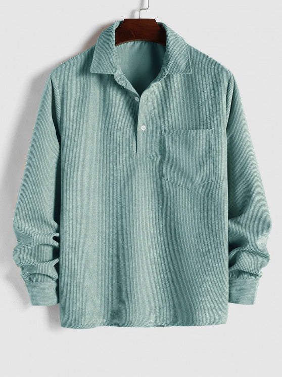 Front view of a men's long sleeve camp collar shirt, showcasing its relaxed fit, button closure & functional chest pocket.