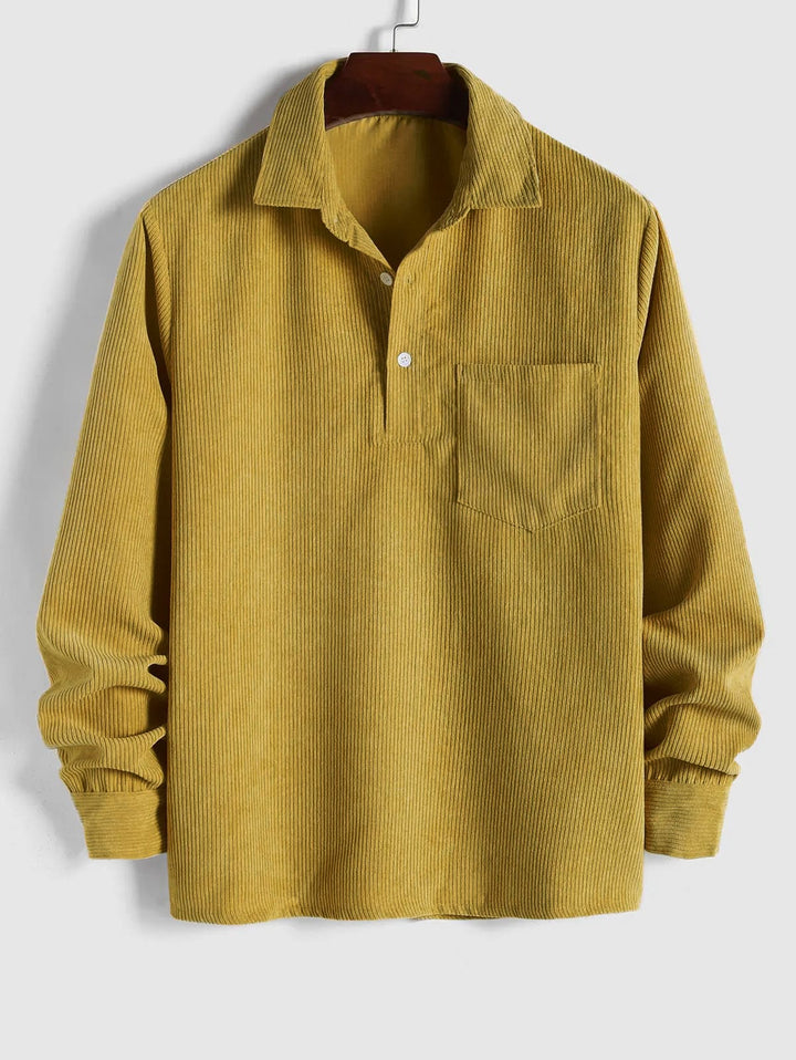 Men's stylish long sleeve camp collar shirt worn for a smart-casual look, featuring a chest pocket and relaxed fit.