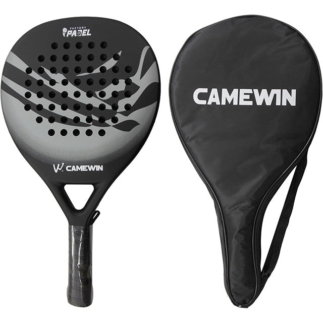 Men's carbon fiber paddle tennis racket, grey & blue. Lightweight sports gear for power & control.