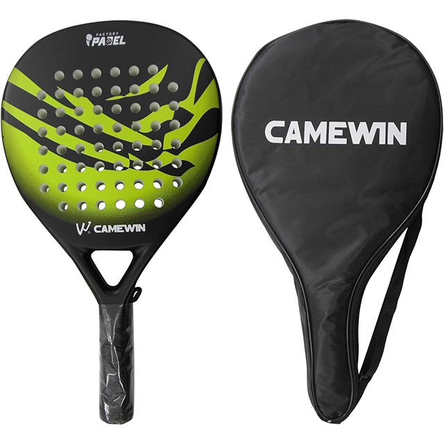 Carbon fiber men's tennis paddle, grey & blue. Lightweight with EVA foam for power, control & comfort.