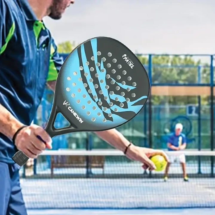 Durable men's padel racket made of carbon fiber, featuring EVA foam for comfort and powerful shots.
