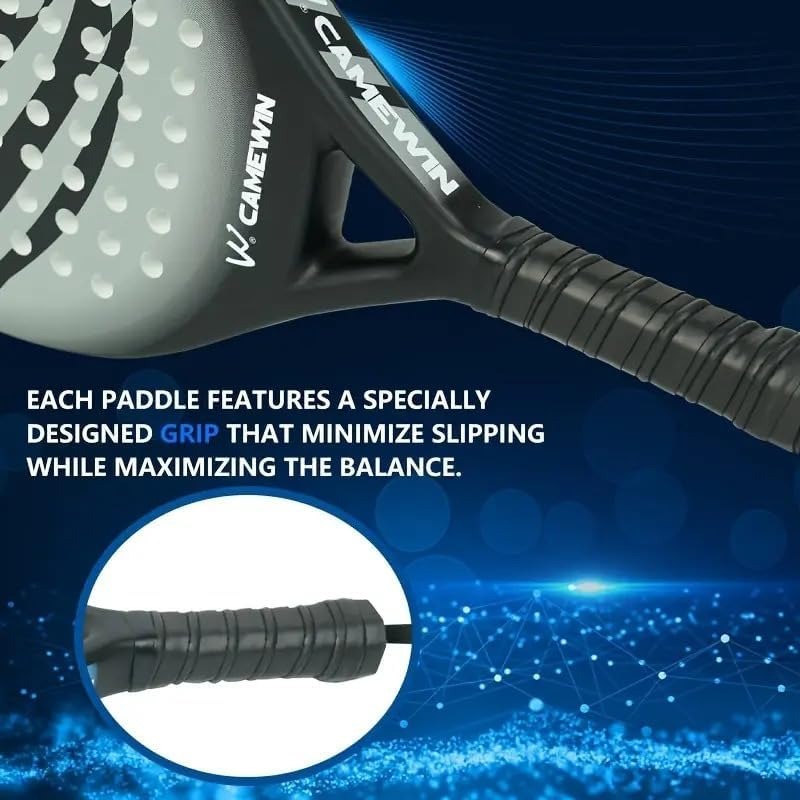 Men's grey carbon fiber paddle tennis racket. Durable sports gear with comfortable grip for superior play.