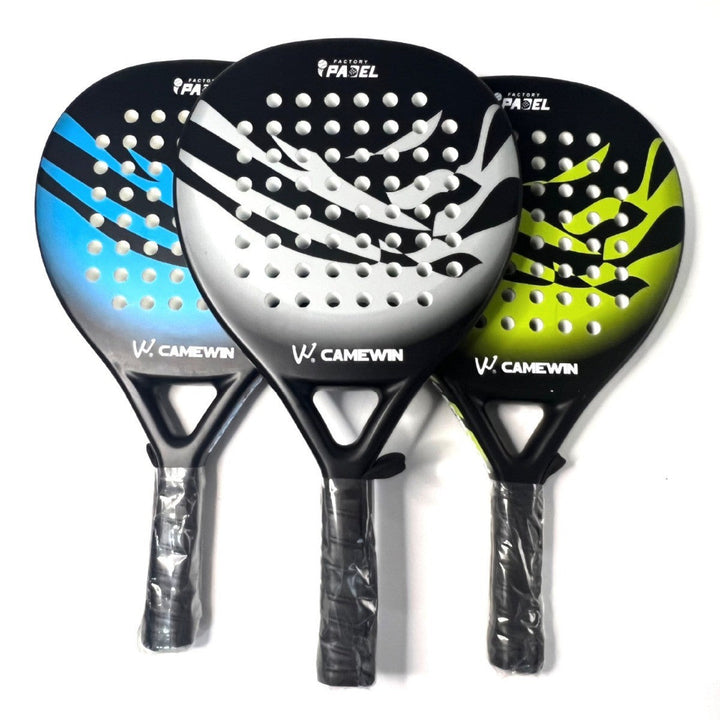 Grey & green men's carbon fiber tennis paddle. Durable, lightweight, built for power and accurate shots.