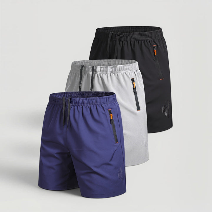 Men's activewear shorts 3-pack, quick-dry fabric & zip pockets for sports & casual use.
